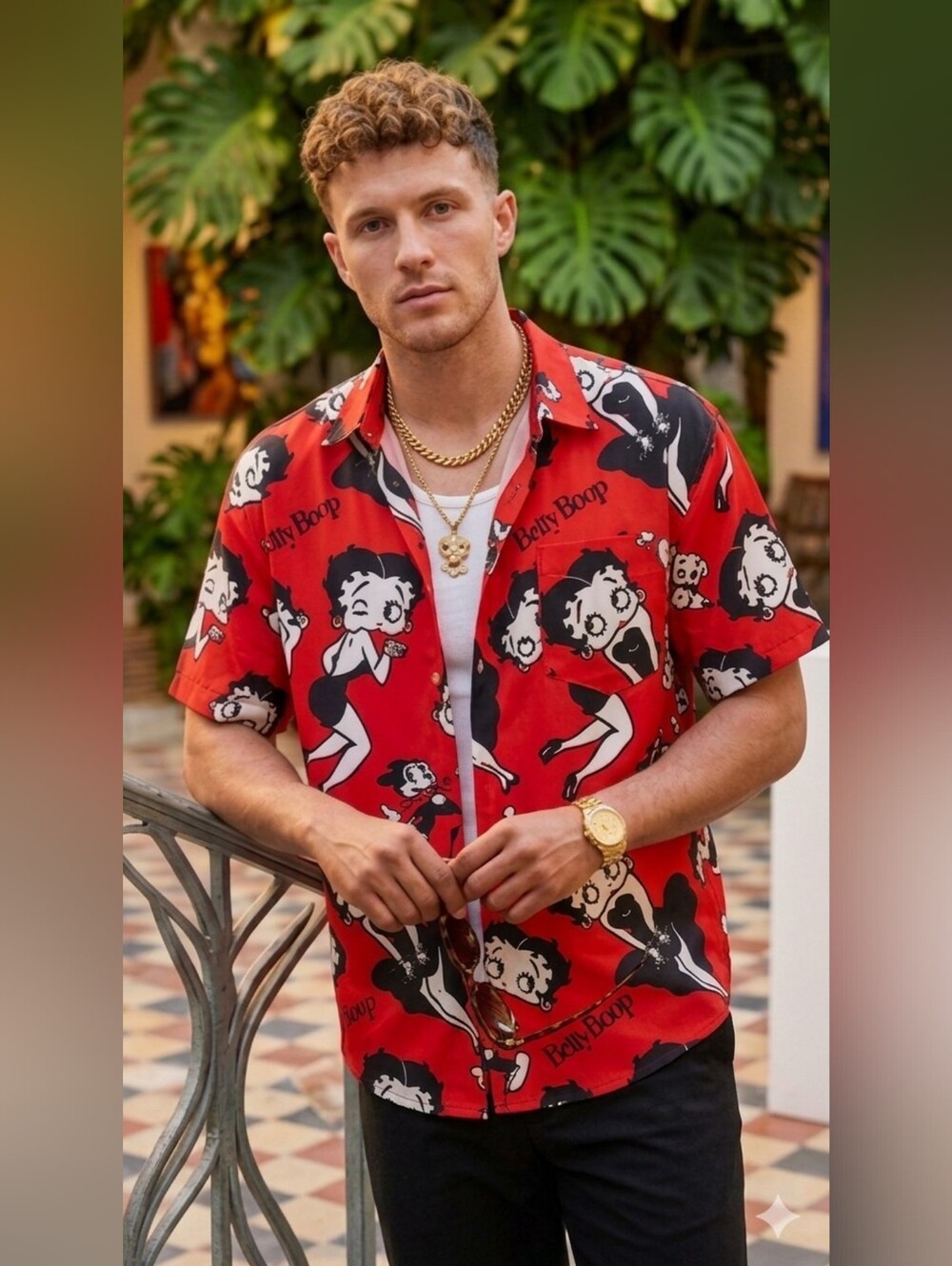 Vintage Betty Boop All Over Print Button Down Shirt Red Graphic Top